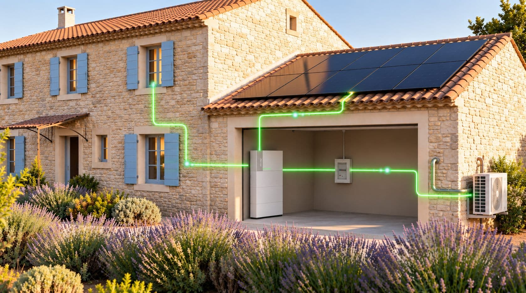 Maison en pierre équipée de panneaux solaires, avec la batterie Revolty dans le garage reliée au tableau électrique et à la pompe à chaleur